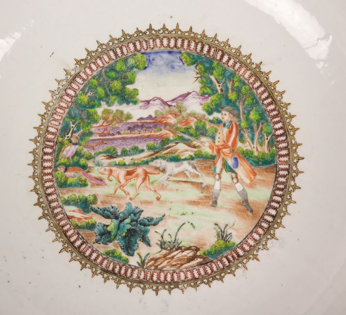 Chinese export porcelain famille rose punchbowl with fox hunting scenes | MasterArt
